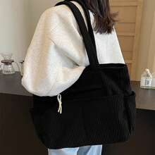 Bolsos de hombro para mujer con bolsillos, de pana, elegantes, acanalados, de gran capacidad, lisos, tipo tote - Negro - Ver 5