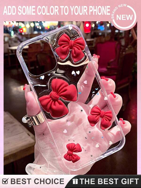 1pc New Shiny Bow Acrylic 2-In-1 Phone Case, 3D Bowknot Phone Case, Compatible With IPhone 11 12 13 14 15 16 Pro Max, Festival Gift, Girls' Gift Galaxy S23S24S25uS25 Edge