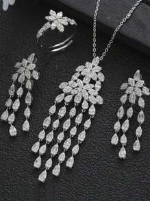 1 Set Valentine's Day Gift Necklace Earrings Ring Set, Geometric Teardrop Flower Chain Tassel Jewelry Set, Suitable For Women Holiday Wear - Silver - View 1