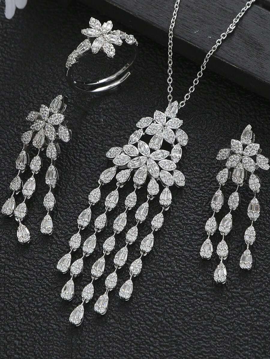 1 Set Valentine's Day Gift Necklace Earrings Ring Set, Geometric Teardrop Flower Chain Tassel Jewelry Set, Suitable For Women Holiday Wear - Silver - View 1