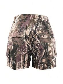 迷彩印花拼接口袋休闲工装短裤夏季轻薄短裤街头音乐节摇滚 - 駝色 - 查看 4