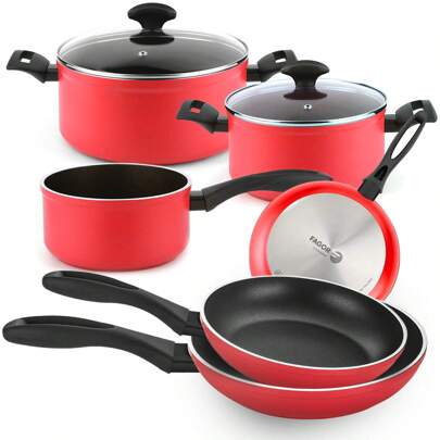 Fagor Juego de cocina Maxima de 8 piezas: 2 cacerolas de 20-24 cm, 2 tapas de vidrio, 3 sartenes de 20-24-28 cm, 1 cacerola de 16 cm de aluminio forjado con revestimiento antiadherente libre de PFOA, apta para todo tipo de cocinas, incluida la inducción, color rojo ✅ Entrega 24/72h