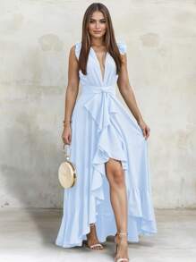 Women's Elegant Off Shoulder Deep V Neck Ruffle Leg Slit Maxi Dress - Blue and White - View 3