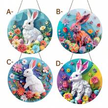 1 件复活节兔子亚克力墙标 - 圆形门挂饰，带有花朵和鸡蛋设计 - 户外复活节花环装饰、最佳复活节礼物、复活节饰品、节日装饰品 - 亞克力-圓 - 查看 2