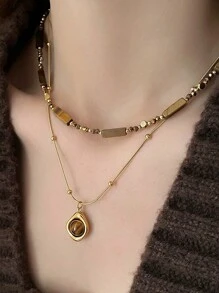 Retro Elegant Layered Tiger Eye Stone Pendant Necklace For Women Stainless Steel Double-Layer Collarbone Chain Sets Jewelry, Ladies' Daily Party Accessories, Fashionable Jewelry, Best Friend Gifts(Natural Stone Color Random)