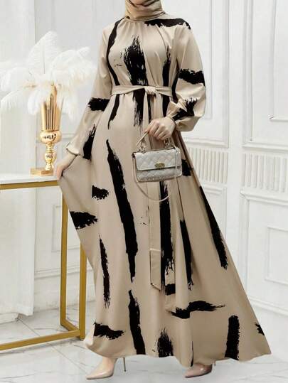 Plus Size Women's Lantern Sleeve Loose Casual Arabic Printed Dress, Modest