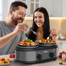 Sunvivi Dual Slow Cooker, Buffet Servers And Warmer With 2 Removable Ceramic Pots, Slow Cooker Food Warmer With Adjustable Temp & Glass Lids, Stainless Steel, 2 X 1.25 QT, Silver Grey - US A Type Plug(110-127V) - View 4