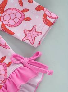 Toddler Girls Turtle Print Rash Guard Swimsuit - Long Sleeve Ruffled Romper Ideal Swimwear For Little Ones - Pink - View 8