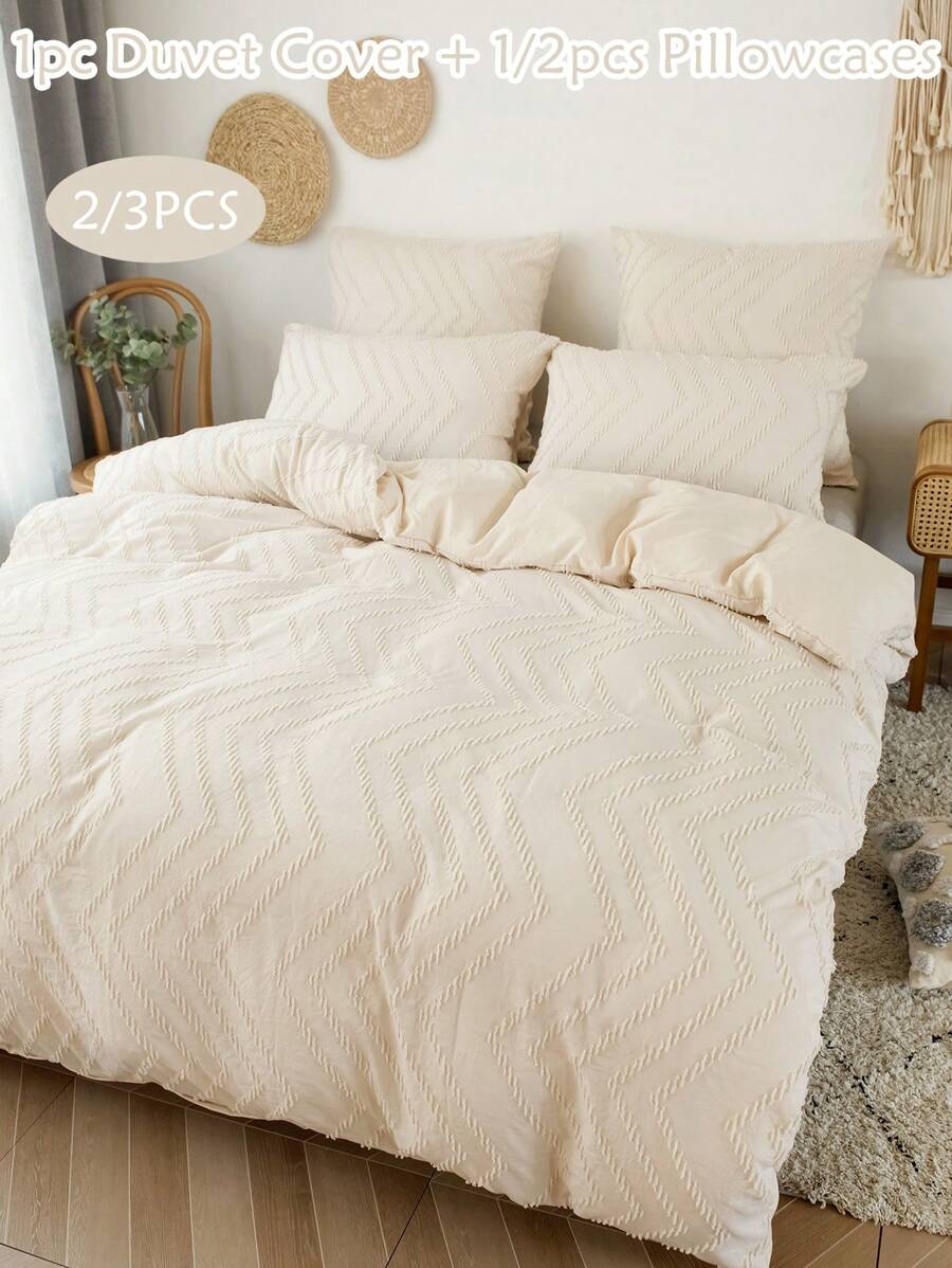 2/3-teiliges milchweißes, wellenförmig gestreiftes Plüsch-Bettbezug-Set, minimalistisch-bohemianischer Stil Bettwäsche-Set geeignet für alle Jahreszeiten (1 Bettbezug + 1/2 Kissenbezüge)