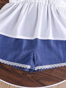 2pcs/Set Girls Fashion Elegant Ruffle Sleeve Round Neck Top And Floral Decorated Denim Effect Shorts Vacation Summer Set