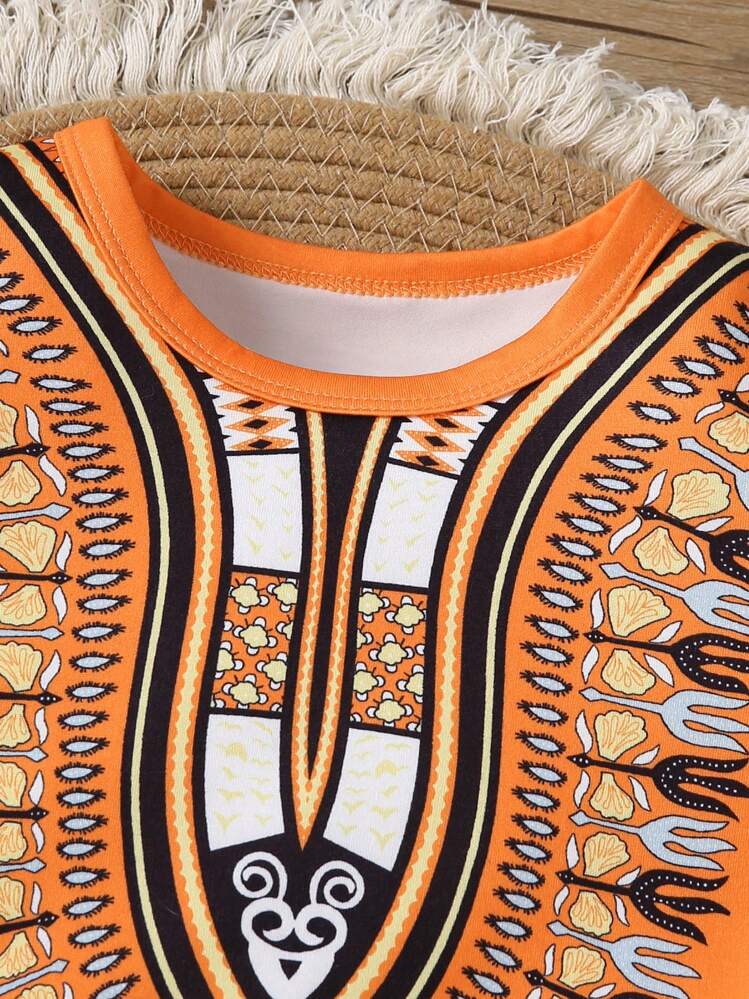 2pcs Young Boys Print Crew Neck Short Sleeve Top With Split Hem + Shorts Set - Orange - View 3