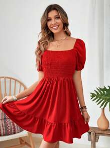 Vestido corto con cuello cuadrado, mangas abullonadas y volante en el bajo para vacaciones y playa para mujeres - Rojo - Ver 4