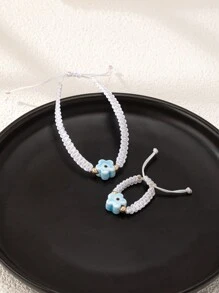2 pièces Set de bague et bracelet tissé floral fait main, style minimaliste convenant aux femmes, pour un usage quotidien, les vacances, la Saint-Valentin, la mère, la fête des mères, cadeau
