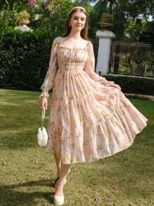 Đầm midi cổ vuông tay dài in họa tiết hoa toàn thân buộc dây phía trước cho nữ - Hồng - Xem 3