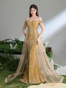 Rochie de seară luxoasă, model sirenă, cu paiete, decoltată, pentru adolescente, cu trenă lejeră din tul – Rochie formală