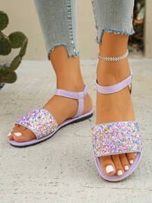 European & American Fashion Versatile Silver Color Rhinestone Decorated Strap Ankle Strap Women Flat Sandals, Casual Slip-On Comfortable Lightweight Summer