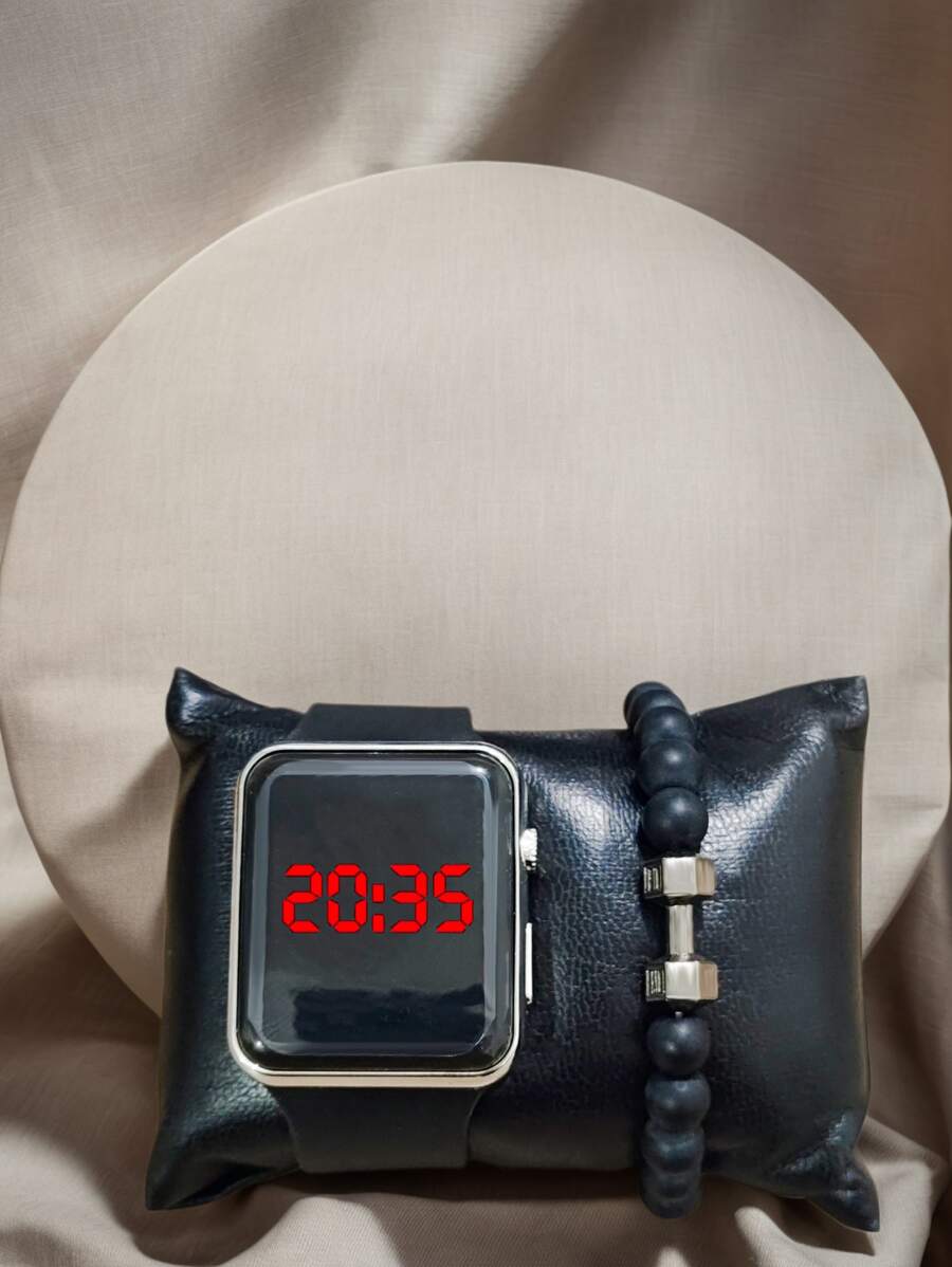 2 件/套时尚优雅方形儿童电子表黑色数字电子表带手链儿童礼物手表 - 黑色 - 查看 1