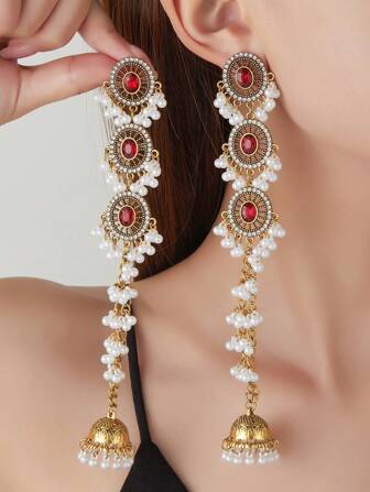 1 Pair Vintage European Style Bohemian Faux Pearls Tassel Jingle Bell Earrings, Hollow Diamante Encrusted 3-Layer Round Faux Pearl Dangle Earrings, Sophisticated & Fashion Jewelry