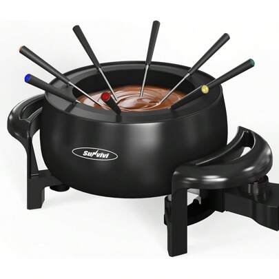  Sunvivi Electric Fondue Pot Set For Melting Chocolate Cheese, 3 Quart Fondue Set With Adjustable Temperature Control And 8 Color-Coded Forks, 1000W Non-Stick Fondue Maker For Dessert, Oil And Broth