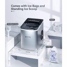 ecozy Máquina de Hielo, 9 Cubos Listos en 6 Minutos hasta 12kg por Día, Autolimpieza con Bolsas de hielo y Cuchara de Pie, Acero Inoxidable
