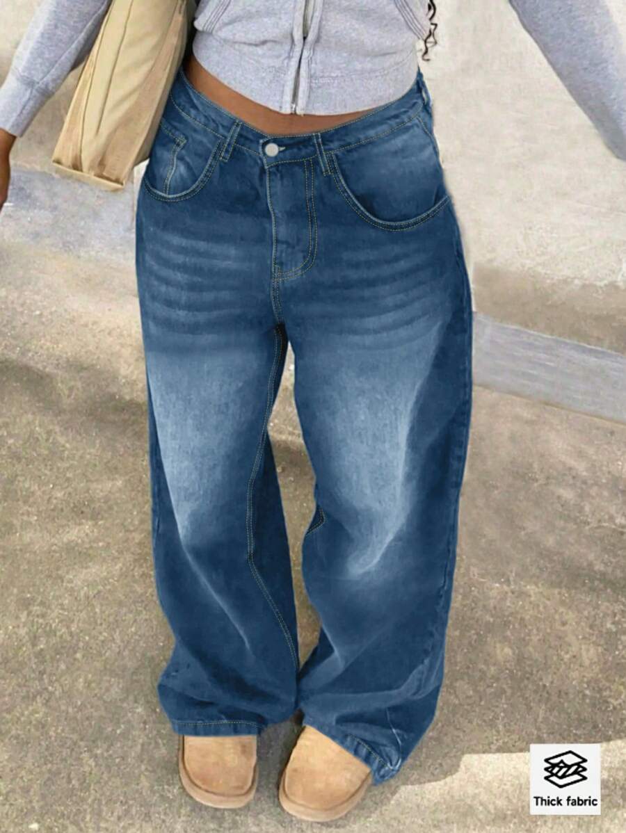 欧美街头风新款宽松休闲修身直筒女式牛仔裤，春秋季