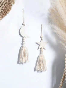 1 pieza de rebanada de madera decoración hecha a mano con estrella y luna de borlas, cuentas de madera para decoración del hogar, decoración de Ramadán