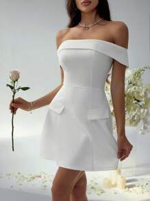 Women's Clothing Temperament Elegant Style Waist Cinched One Shoulder Solid Color Knitted Mini Dress Wedding Banquet Women's Sexy White Evening Dress Chic Wedding White Dresses - White - View 1