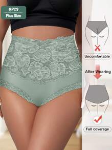 6pcs Plus Size Women's High Waist Lace Patchwork Cotton Briefs, Jacquard Pattern - Multicolor - View 5