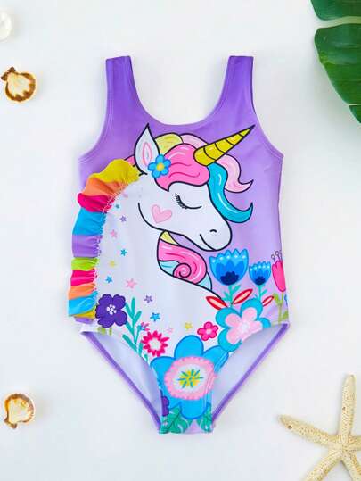 Young Girl's Unicorn Printed Ruffle One-Piece Swimsuit