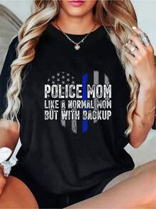 Police Mom Blue Line Flag T-Shirt Casual Short Sleeve Shirt - 100% Cotton Women's Casual Short Sleeve Crew Neck T-Shirt For Spring & Summer - Comfortable, Relaxed Fit, Printed Graphic Tee For  Sport Lovers - 黑色 - 查看 1