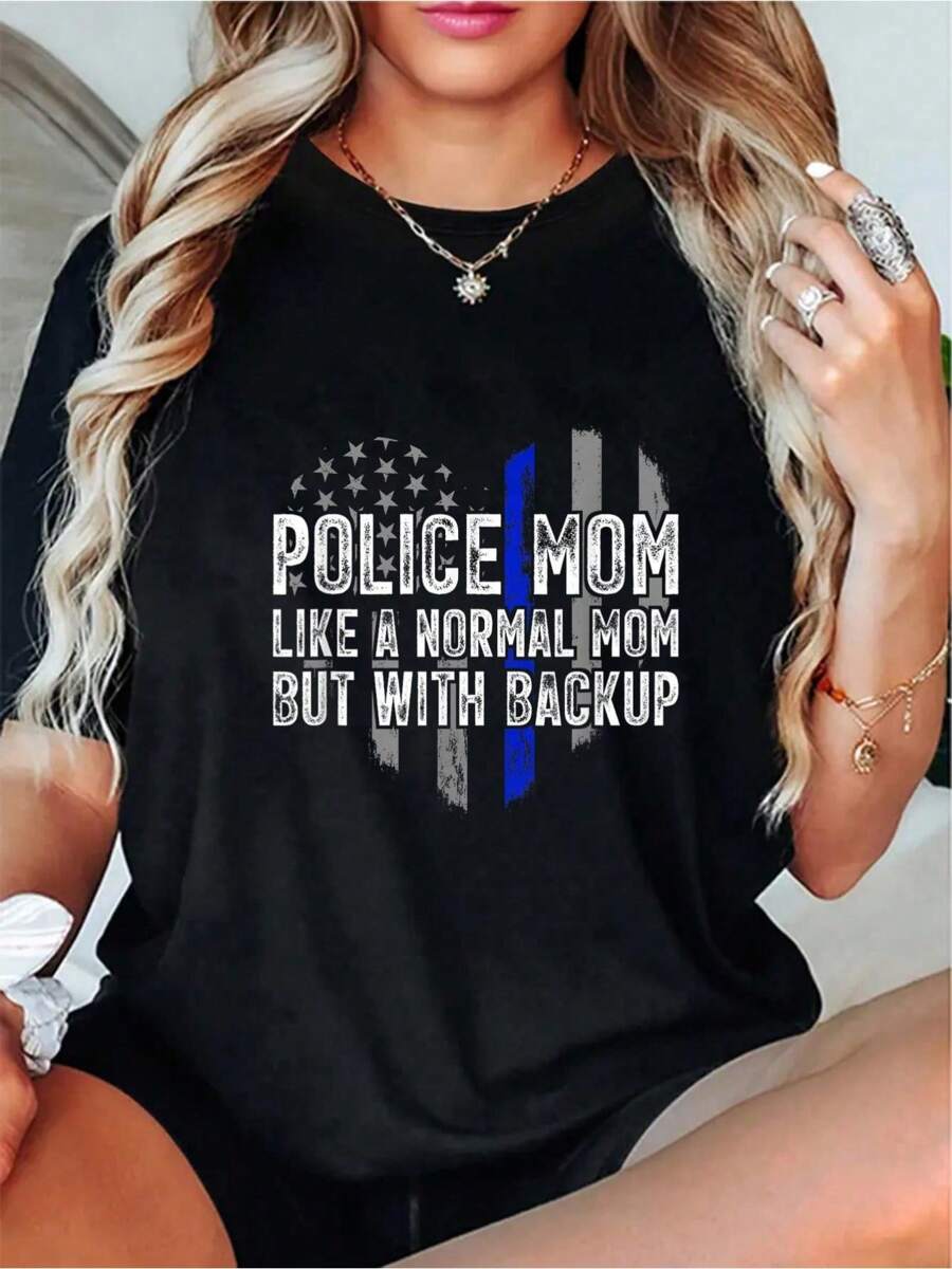 Police Mom Blue Line Flag T-Shirt Casual Short Sleeve Shirt - 100% Cotton Women's Casual Short Sleeve Crew Neck T-Shirt For Spring & Summer - Comfortable, Relaxed Fit, Printed Graphic Tee For  Sport Lovers - 黑色 - 查看 1