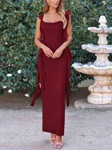 Women's Summer Long Formal Wedding Guest Dress Sleeveless Ruffle Cocktail Party Maxi Bodycon Dresses - 深酒紅 - 查看 5