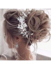 1 件花朵新娘婚礼发藤仿珍珠新娘发饰叶子发饰水钻头带适合女士和女孩优雅头饰 - 多色 - 查看 1