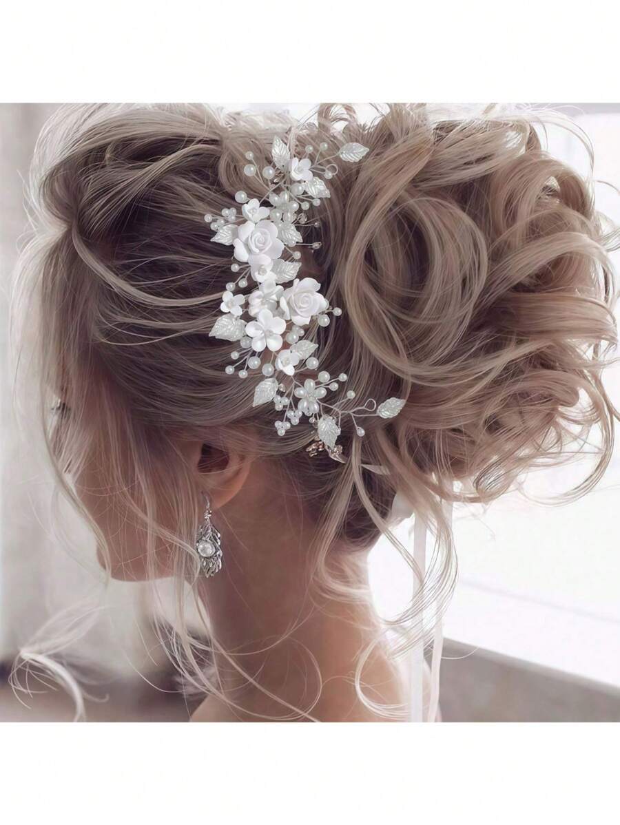 1 件花朵新娘婚礼发藤仿珍珠新娘发饰叶子发饰水钻头带适合女士和女孩优雅头饰 - 多色 - 查看 1