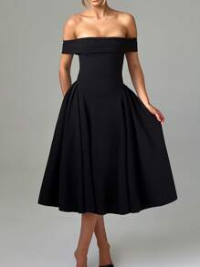 女士露肩优雅性感纯色鸡尾酒会礼服派对礼服婚礼宾客礼服