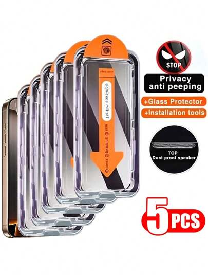 5 Pcs Full Cover Privacy Screen Protector For IPhone 17/17 Air/16/15/14/13/12/11/16 Pro Max/15 Pro Max/Plus/Mini/X/XS/XR/XS Max, 9H Tempered Glass Film, Dynamic Island Compatible, Anti-Scratch, Anti-Fingerprint, Case Friendly
