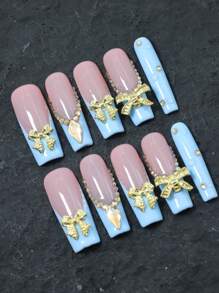 Conjunto de 10 peças/conjunto de unhas artísticas de caixão longo Y2K feitas à mão, azul-bebê, degradê, bolinhas e design de padrão assimétrico, laço adequado para festas, casamentos, uso diário, inclui strass, vem com ferramentas, pode ser presente para mulheres e meninas, unhas de dia dos namorados, primavera e verão, suprimentos para unhas