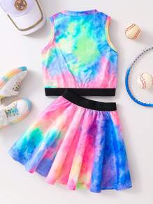 Set da 2 pezzi per ragazze, moda estiva, semplice e carino, nuovo stile, abbigliamento per ragazze: top senza maniche a girocollo + minigonna, set casual e versatile per uso quotidiano, attività all'aperto, feste - Multicolore - Visualizzare 3