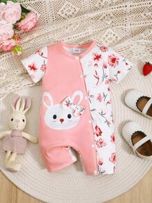1pc Baby Girl Rabbit Print Short Sleeve Romper - Watermelon Pink - View 1