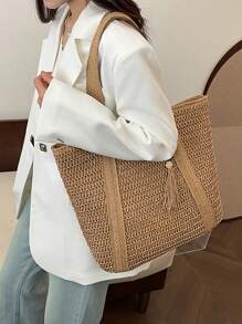 2026 New Casual Zipper Closure Straw Tote Bag, Large Capacity Commuter Handbag, Fashionable Woven Beach Bag For Vacation - Khaki - View 6