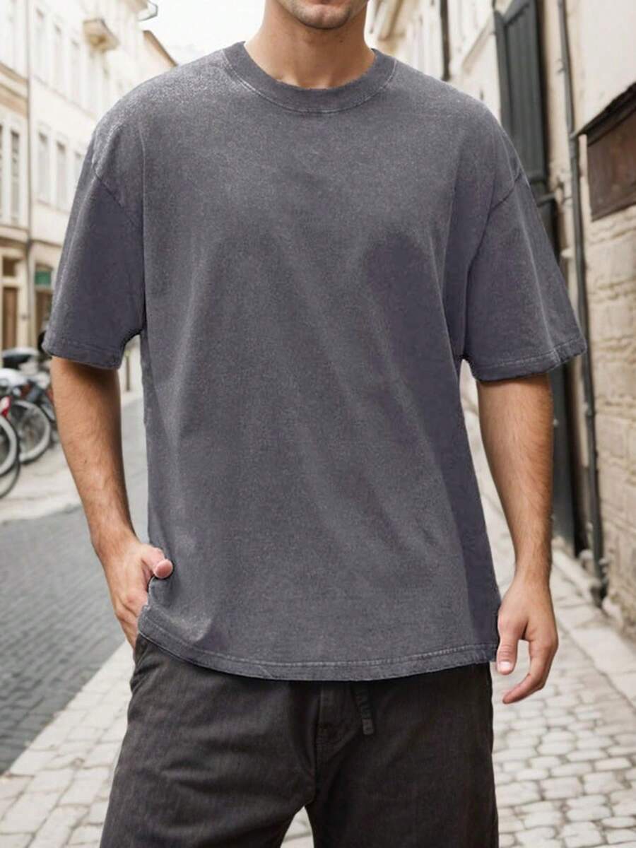 hoteel Men's Heavy Weight Crew Neck T-Shirt Men Premium Thick Tees Pre Shrunk Loose Fit Short Sleeve Hip Hop Longline Shirts - 深灰色 - 查看 1