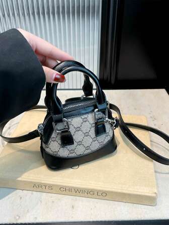 1 pieza Mini bolso de hombro de piel de poliuretano de 2 asas con decoración estampada, cierre de cremallera, versátil para lápiz labial y auriculares