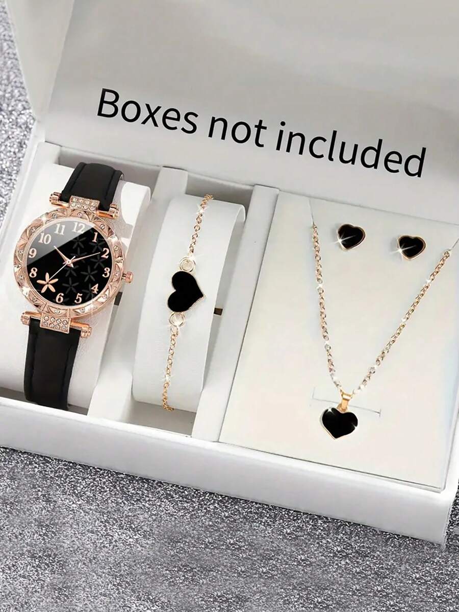 5 件套：休闲水钻心形手表、黑色心形项链、手链和耳环首饰套装、儿童派对/休闲手表套装、儿童礼物 - 黑色 - 查看 1