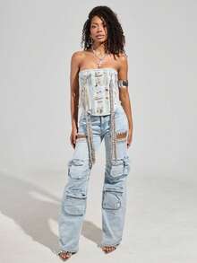 Jeans rectos de cintura alta sin estiramiento de mujer de color azul claro con una franja de cristales cosida a mano, con lavado, para festivales de música, Y2K