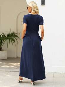 Women's Short Sleeve Maxi Dresses Casual Empire Waist Long Dress With Pockets - Navy Blue - View 2