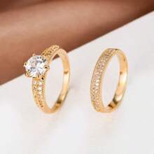 2pcs Wedding Engagement Rings, Elegant Copper & Zirconia Stone Couples Ring Set, Fashion Jewelry Gift For Anniversary, Valentine's Day,Mom,Mother,Mother's Day,Gift