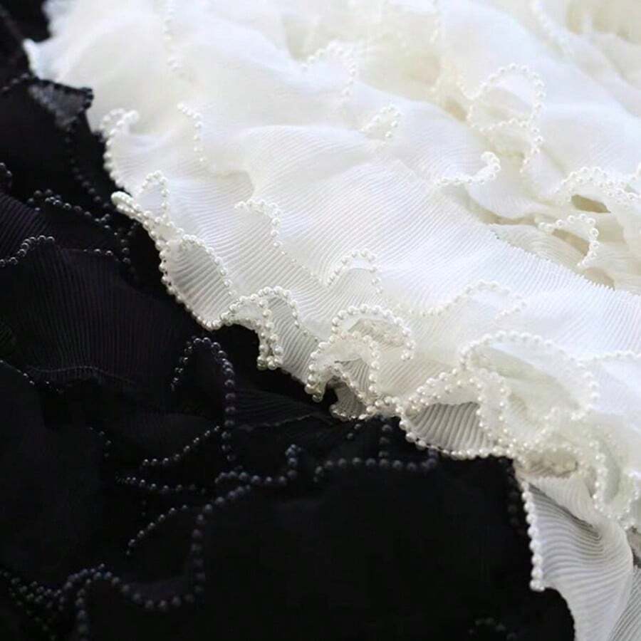 1 Yard Black & White Stretchy Ruched Faux Pearl Lace Trim, Apparel & Bag Decorative Accessory - Multicolor - View 1