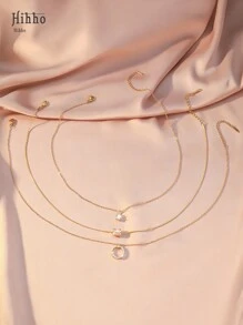 Hihho 3 件套优雅女士项链，锆石镶嵌腰吊坠和圆形 O 形设计，创意个性化奢华珠宝礼物 - 金黃色 - 查看 3