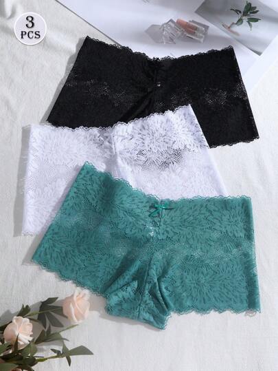 3pcs/Set Solid Color Bow Floral Lace Bikini Panties, Sexy & Romantic Women's Underwear