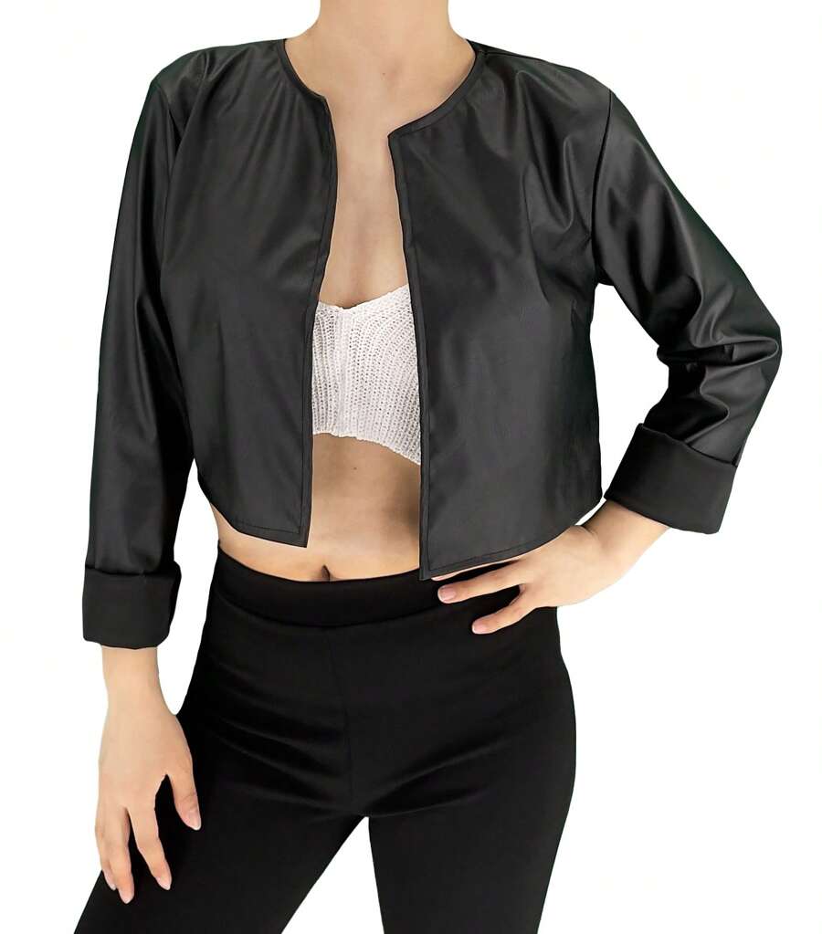 JOPHY Y CÍA. Chaqueta corta ligera de mujer de manga larga sin cuello en piel ecológica (código 6352)